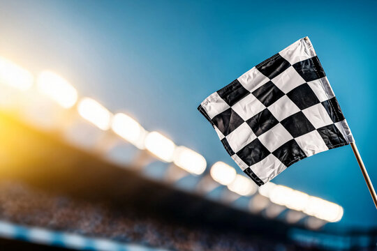 flag marshal emphatically waving checkered flag over approaching finish line
