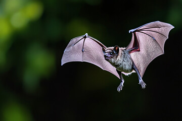 Mexican free-tailed bat in mid-flight echolocation pose captured with high-speed flash