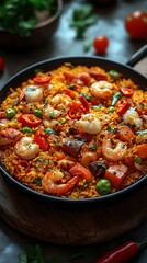 Delicious seafood paella with shrimp and rice high resolution Images