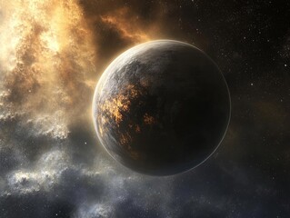 A planet with bright and dark sides, surrounded by glowing space dust and stars, suggesting a dramatic cosmic scene