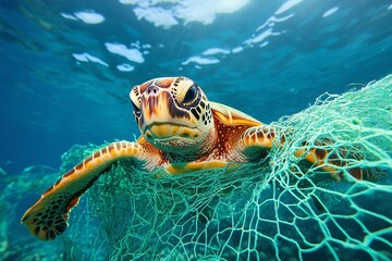 Obraz premium A sea turtle is tragically entangled in a fishing net, highlighting the devastating impact of plastic pollution on marine wildlife.