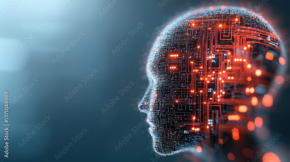 Poster conceptual representation of artificial general intelligence featuring a digital human profile with 