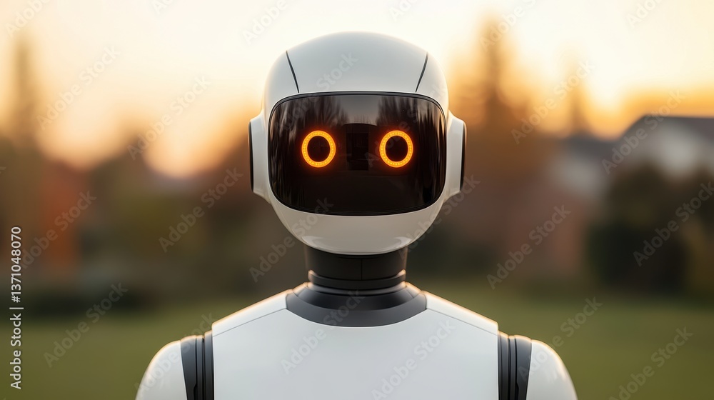 Poster futuristic humanoid robot with expressive eyes in an outdoor setting reflecting technologies of arti