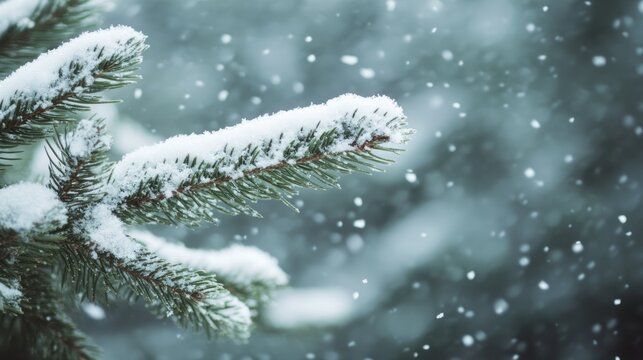 Snow-covered pine branch with gentle falling snowflakes in the winter forest. - Powered by Adobe