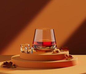 Scotch whiskey glass with few ice cubes, placed on a podium. 3d rednered illustration