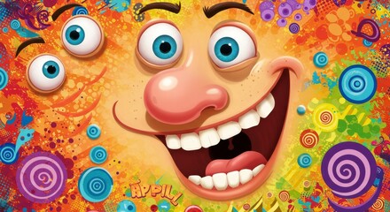 April Fools Day Silly Face Fun - A cheerful cartoon face with extra eyes, a big nose, and a wide smile. Symbolizing fun, laughter, pranks, silliness, and surprise. Perfect for April Fools' Day!