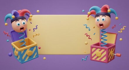 Fototapeta premium April Fool's Day Surprise Box Banner - Festive 3D illustration of two jack-in-the-boxes with jester hats popping out, symbolizing surprise, fun, laughter, April Fool's Day, and playful pranks