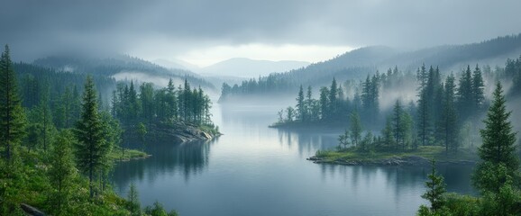Fototapeta premium Misty lake surrounded by green forests and mountains under a cloudy sky. Serene and peaceful