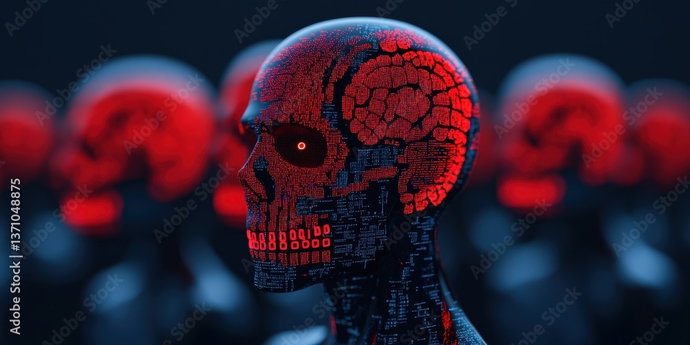 Poster futuristic skull displaying neural networks, a symbol of machine learning and ai advancements in det