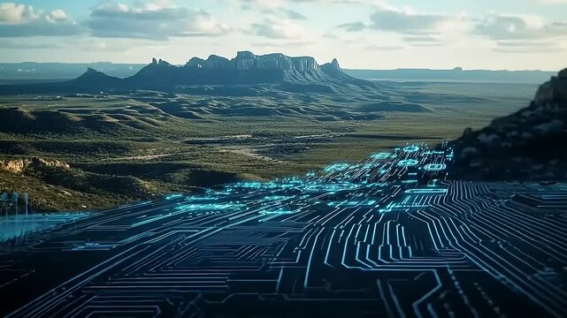Futuristic landscape blending technology with nature, showcasing digital patterns over mountains
