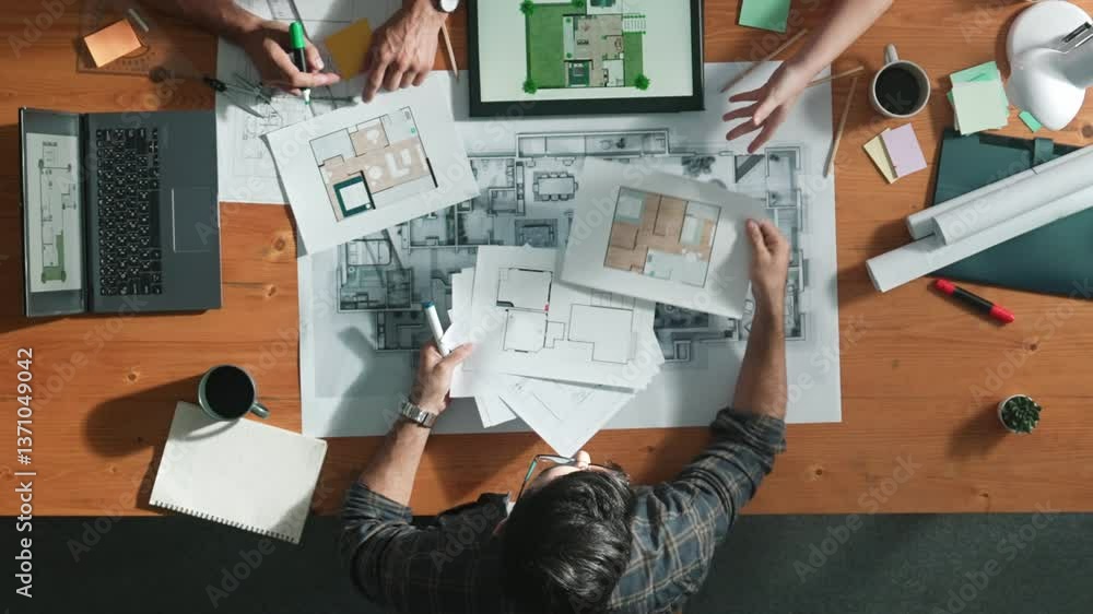 Poster top down view of civil engineer handed document while looking at blueprint. aerial view of architect