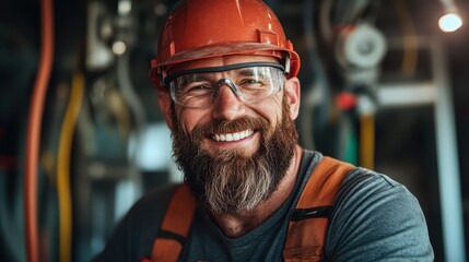 A close-up portrait of a cheerful construction worker wearing an orange hard hat and safety glasses, radiating positivity and commitment to his work in a vibrant setting.