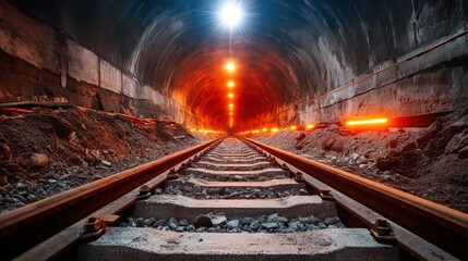 Naklejka premium An atmospheric shot of a long railway tunnel featuring illuminated tracks, stone walls, and an assortment of cool light reflections that create an immersive scene.