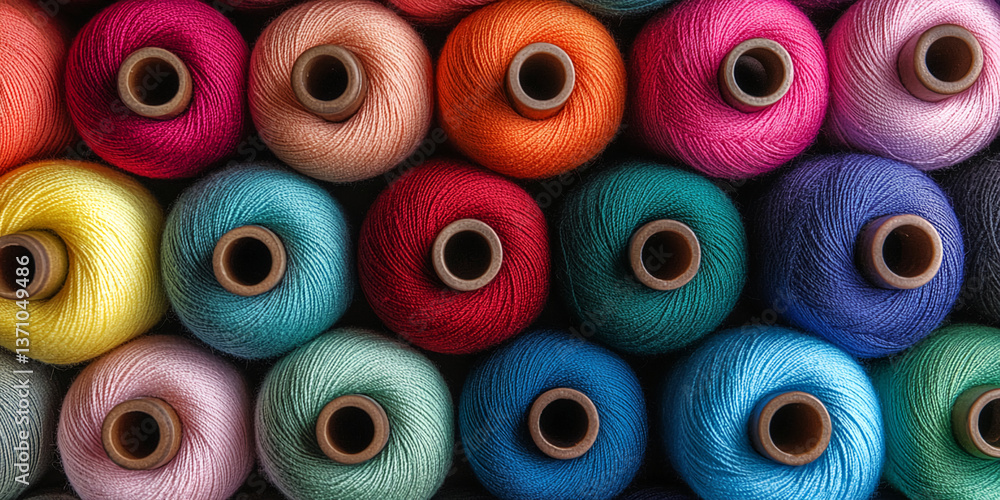 Poster close-up of colorful yarn spools, showcasing various textures and shades. represents craftsmanship, 