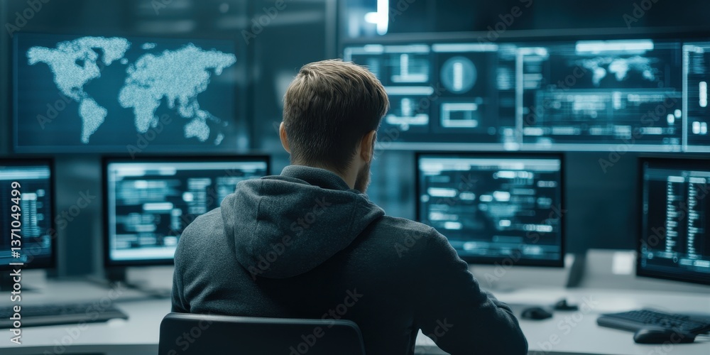 Poster a focused analyst at work in a high-tech data monitoring center with multiple screens displaying glo