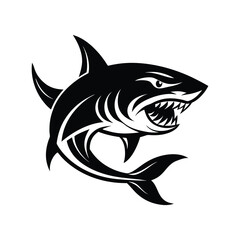 Menacing Shark Emblem: A striking monochrome illustration of a shark, showcasing its sharp teeth and aggressive posture, perfect for conveying strength and predatoriness.