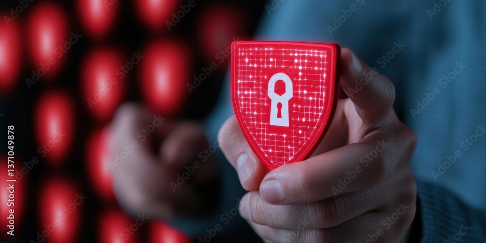 Poster visualizing cyber protection, a shield symbolizing security and firewalls in the digital era