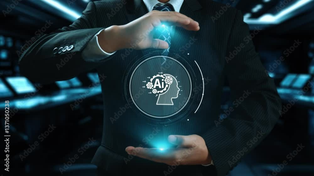 Poster human interact with ai artificial intelligence brain processor in concept of ai artificial intellige