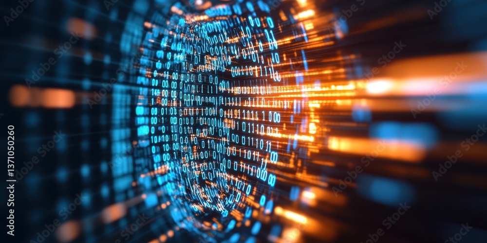 Poster vibrant digital data stream representing virtual reality connections and cyber ranges through binary