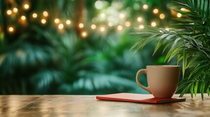 A charming cup of coffee is artistically placed on a wooden table surrounded by lush plants and twinkling lights, creating a delightful and inviting ambiance perfect for relaxation.