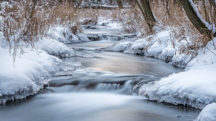 A serene winter scene featuring a frozen stream flowing through a snowy forest