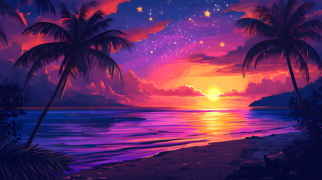 Neon twilight echoes serene reflections beneath a starlit, palm fringed coast spectacle. shimmering echoes. illustration. Starlit Echo. Illustration