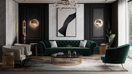 Elegant Living Room With Green Velvet Sofa