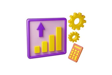 3d business growth chart with gears and calculator isolated on white background
