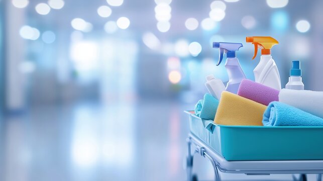 Cleaning supplies in cart with colorful cloths in bright interior, representing janitorial service or cleanliness concept