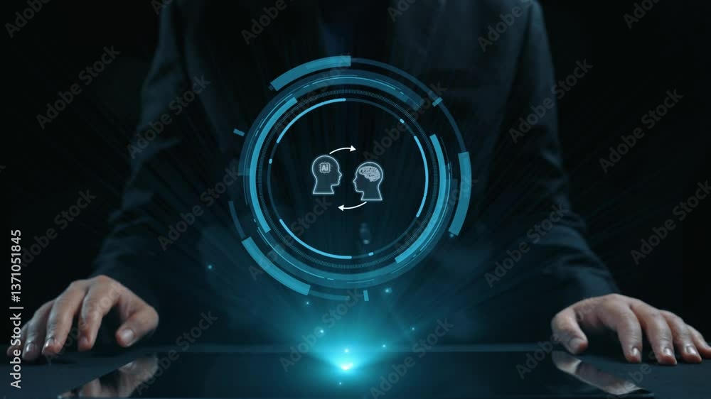 Poster human interact with ai artificial intelligence brain processor in concept of ai artificial intellige
