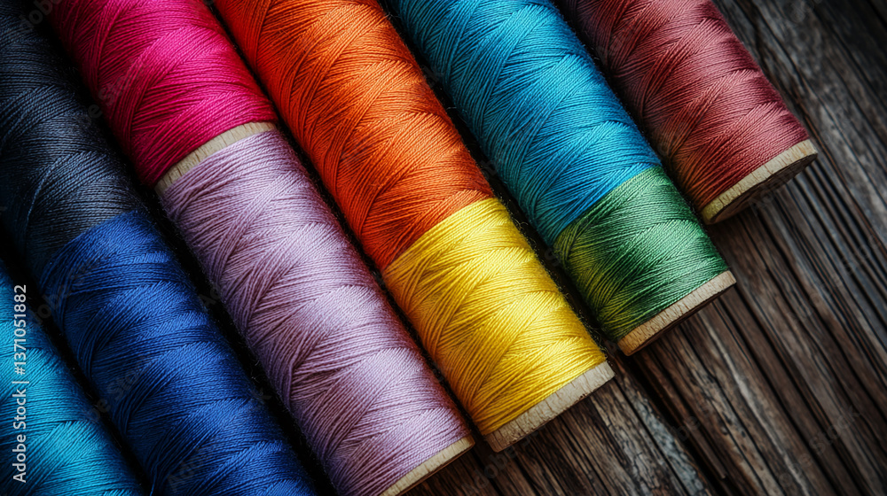 Poster close-up of colorful thread spools on wood, showcasing vibrant hues and textures, representing creat