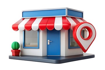3d storefront with location pin, isolated on white background