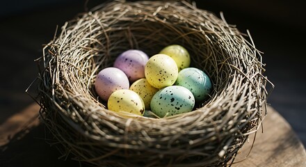 Fototapeta premium Colorful Speckled Eggs in Nest Natural Holiday Decoration Closeup