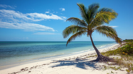 Palm trees swaying gently on a beach with coastal breeze