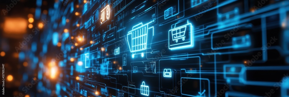 Poster Futuristic digital landscape showcasing an advanced e-commerce marketplace with neon blue cybernetic elements and floating shopping icons