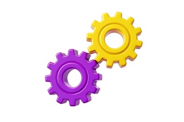 Two interlocking gears, yellow and purple, isolated on white background