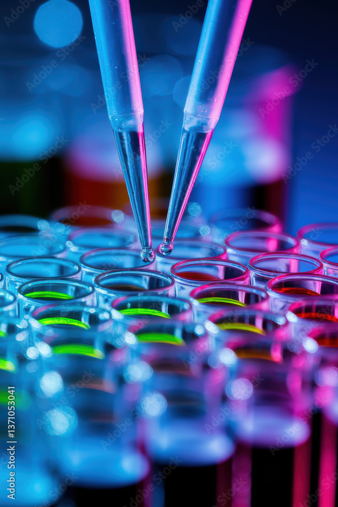 Poster dynamic laboratory scene with colorful test tubes and precision pipettes under neon lighting