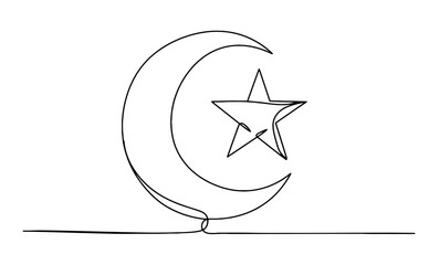 Moon, star, mosque as a symbol of Eid Mubarak in Continuous single line drawn concept isolated on white background. Eid Al-Fitr and Eid Al-Adha theme design. 