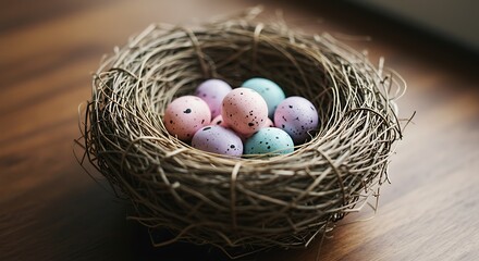 Fototapeta premium Speckled Eggs Nestled Inside a Natural Woven Nest on Wood Surface