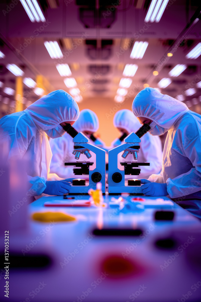 Poster focused scientists in protective gear examining samples under microscopes in futuristic lab with neo