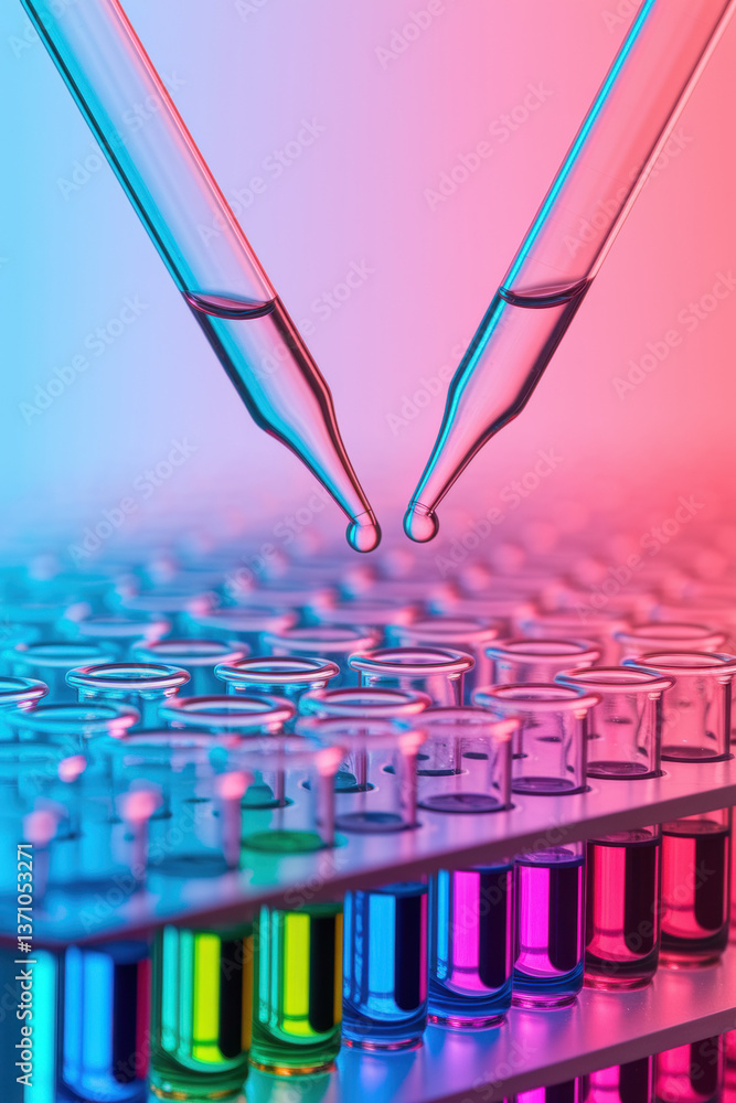 Poster dynamic laboratory experiment with colorful solutions and precision pipettes under neon hues