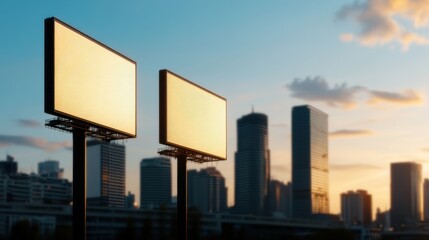 Fototapeta premium Urban Skyline Featuring Blank Billboards at Sunset, Highlighting a Modern Cityscape with Unoccupied Advertising Space