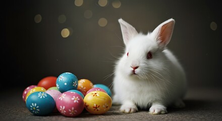 Fototapeta premium White Rabbit with Decorated Easter Eggs on a Dark Background