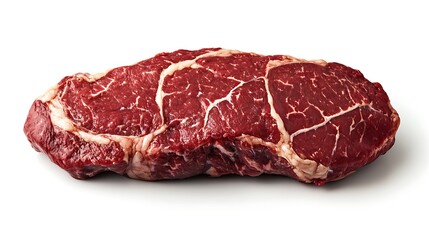 A premium cut of lamb sirloin steak with natural marbling and bright red tone, hyper-realistic, isolated on solid white background.