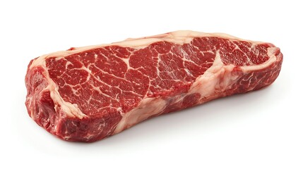 Obraz premium A premium cut of lamb sirloin steak with natural marbling and bright red tone, hyper-realistic, isolated on solid white background.