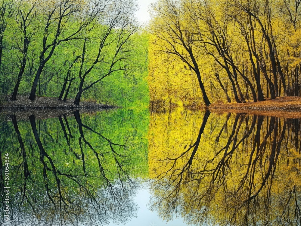 Poster a serene scene of a river with trees reflected in the calm water, suitable for use in nature or outd