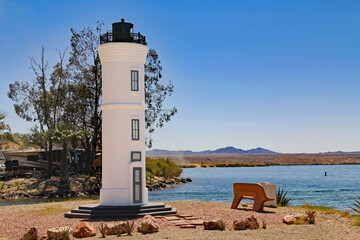 Replica of the Robert H. Manning lighthouse in Lake Havasu City, Arizona, USA on lake Havasu with...