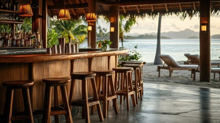 Resort beachfront bar with wooden stools, serving tropical cocktails against an ocean backdrop.