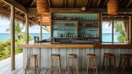 Resort beachfront bar with wooden stools, serving tropical cocktails against an ocean backdrop.