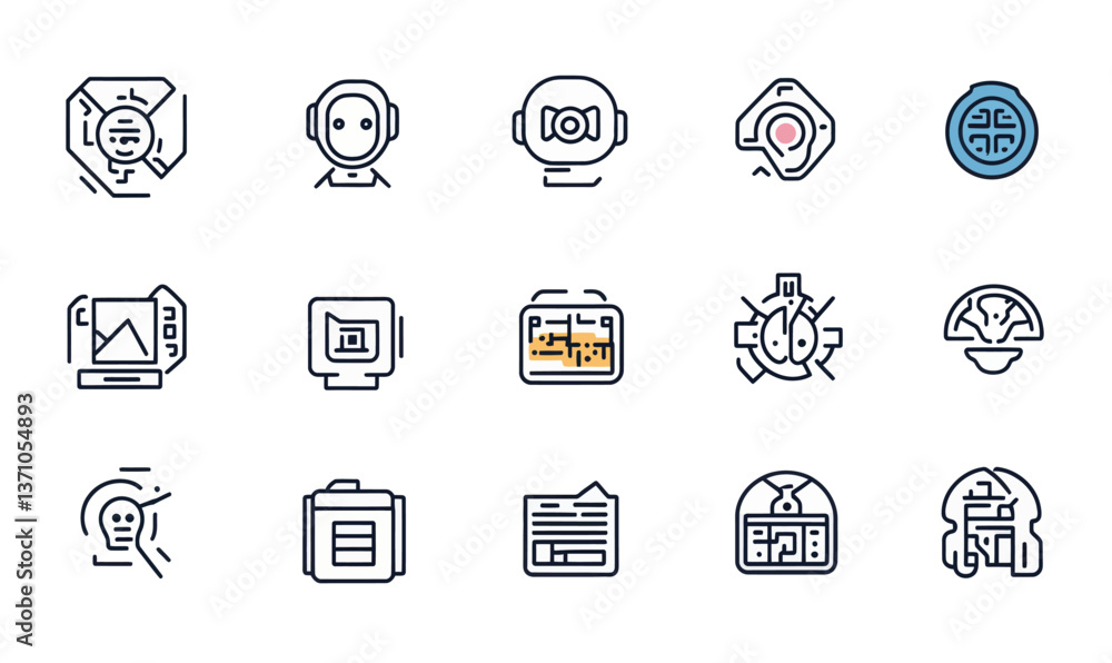 Poster minimalist ai line icons set: flat vector collection in svg format for tech and design
